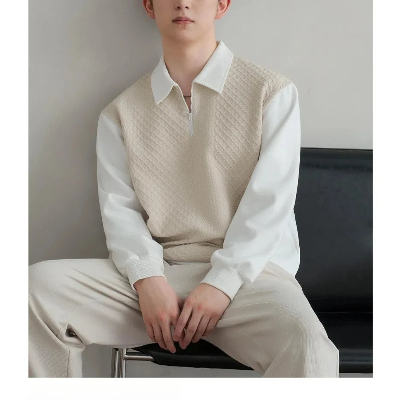 Men’s Trend Polo Shirt – Style Half-Zip Contrast Long Sleeve Top