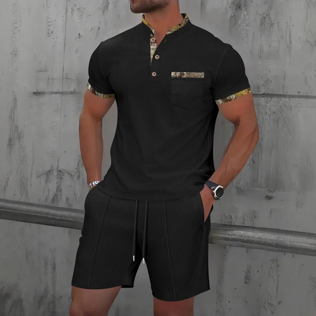 Men Europe new summer Waffle solid color zip-up lapel short-sleeve suit shorts two sets