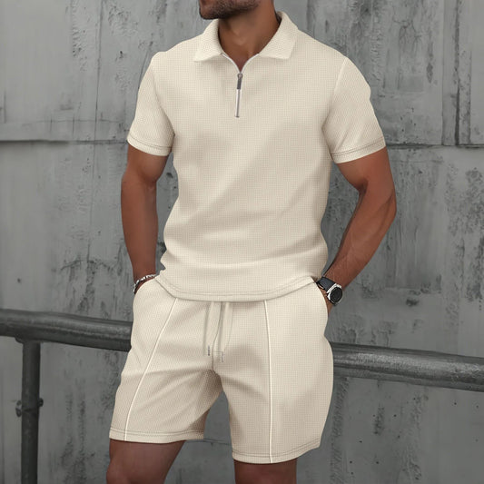 Men Europe new summer Waffle solid color zip-up lapel short-sleeve suit shorts two sets