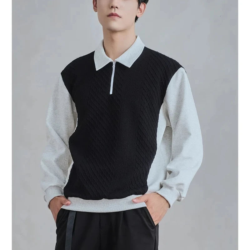 Men’s Trend Polo Shirt – Style Half-Zip Contrast Long Sleeve Top