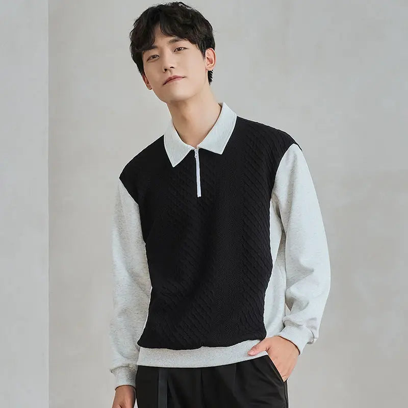Men’s Trend Polo Shirt – Style Half-Zip Contrast Long Sleeve Top