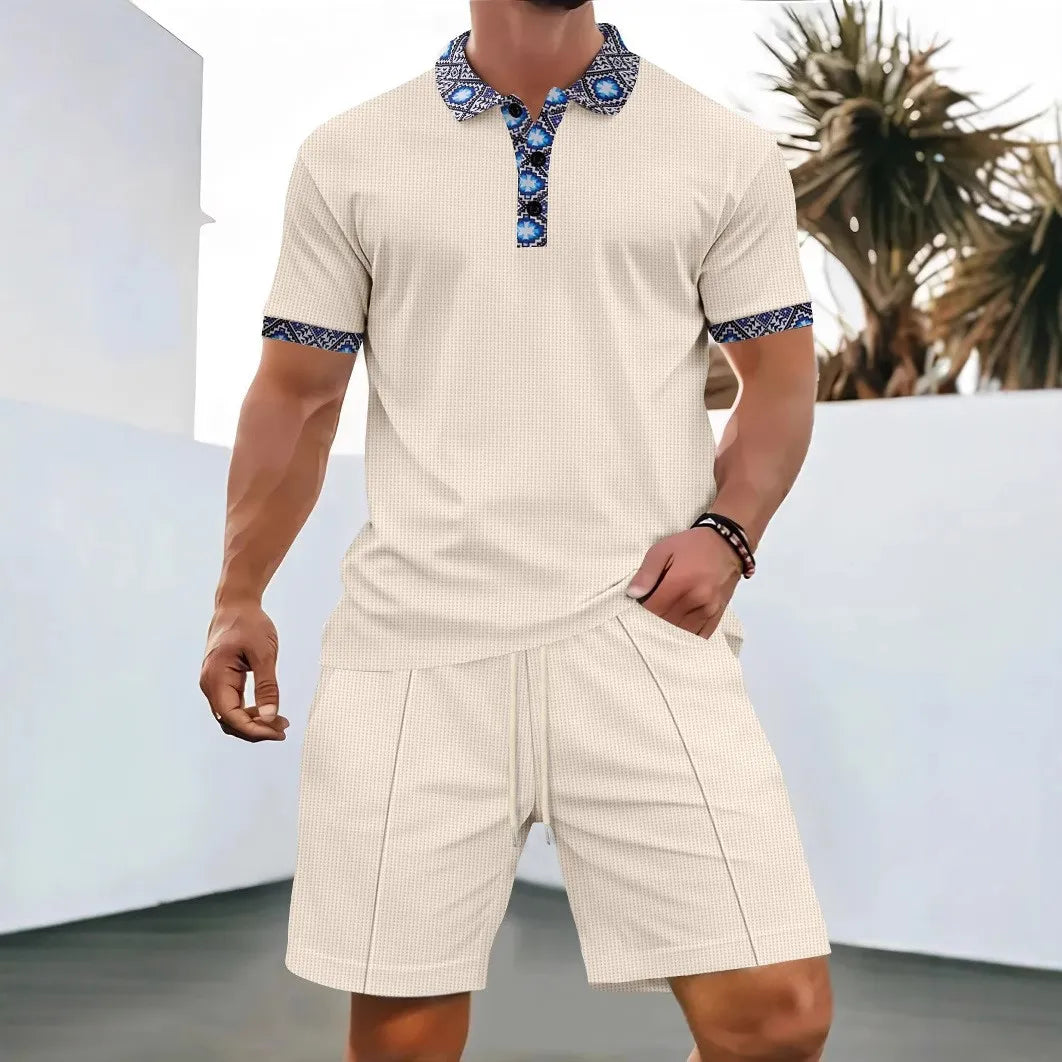 Men Europe new summer Waffle solid color zip-up lapel short-sleeve suit shorts two sets
