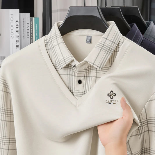Lorant – Men’s Slim Fit Long Sleeve Polo Shirt with Layered Plaid Design