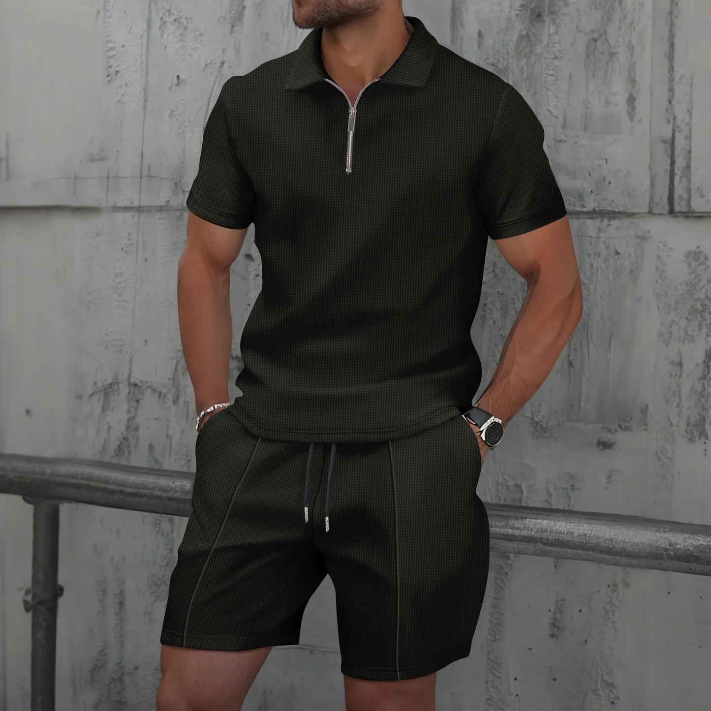 Men Europe new summer Waffle solid color zip-up lapel short-sleeve suit shorts two sets