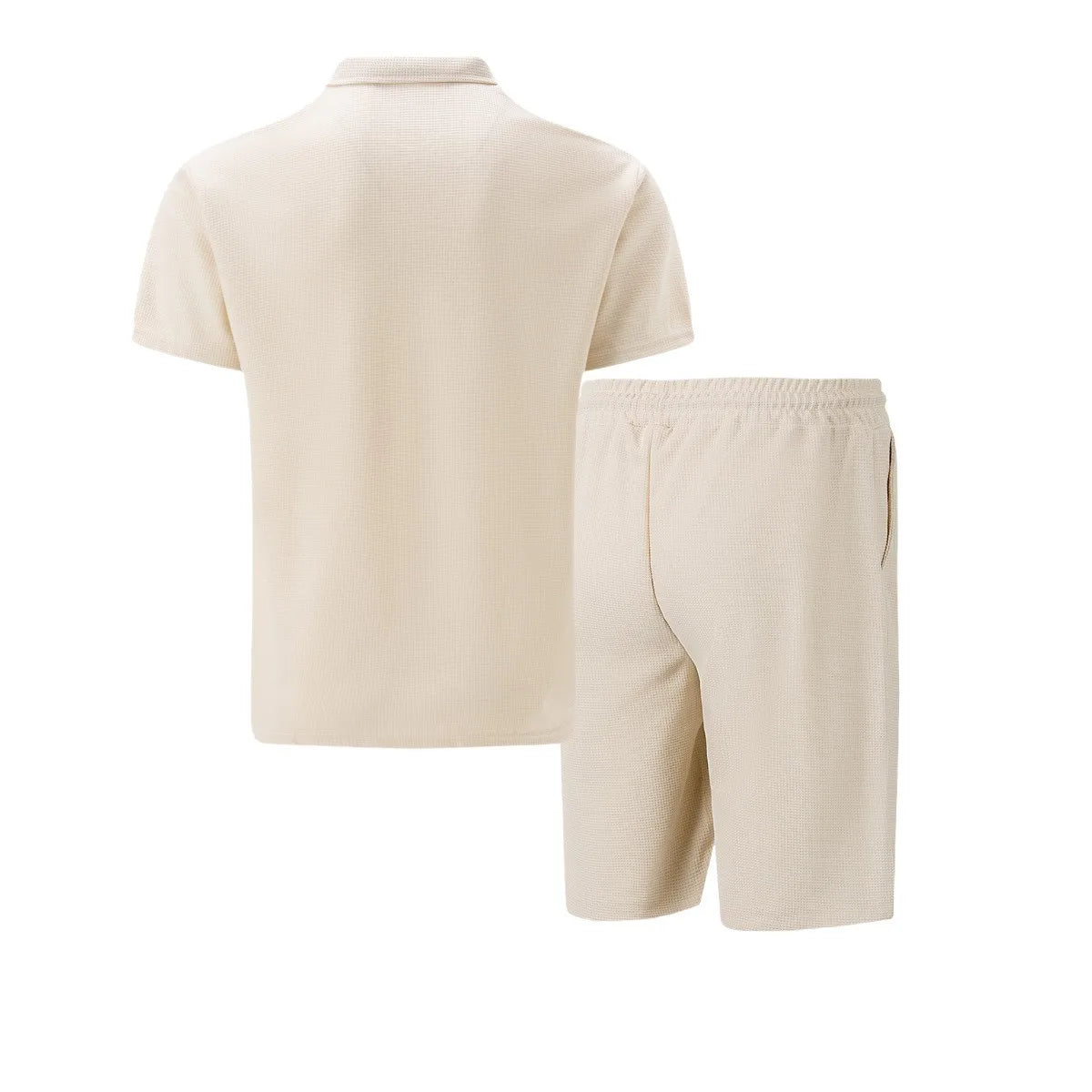 Men Europe new summer Waffle solid color zip-up lapel short-sleeve suit shorts two sets