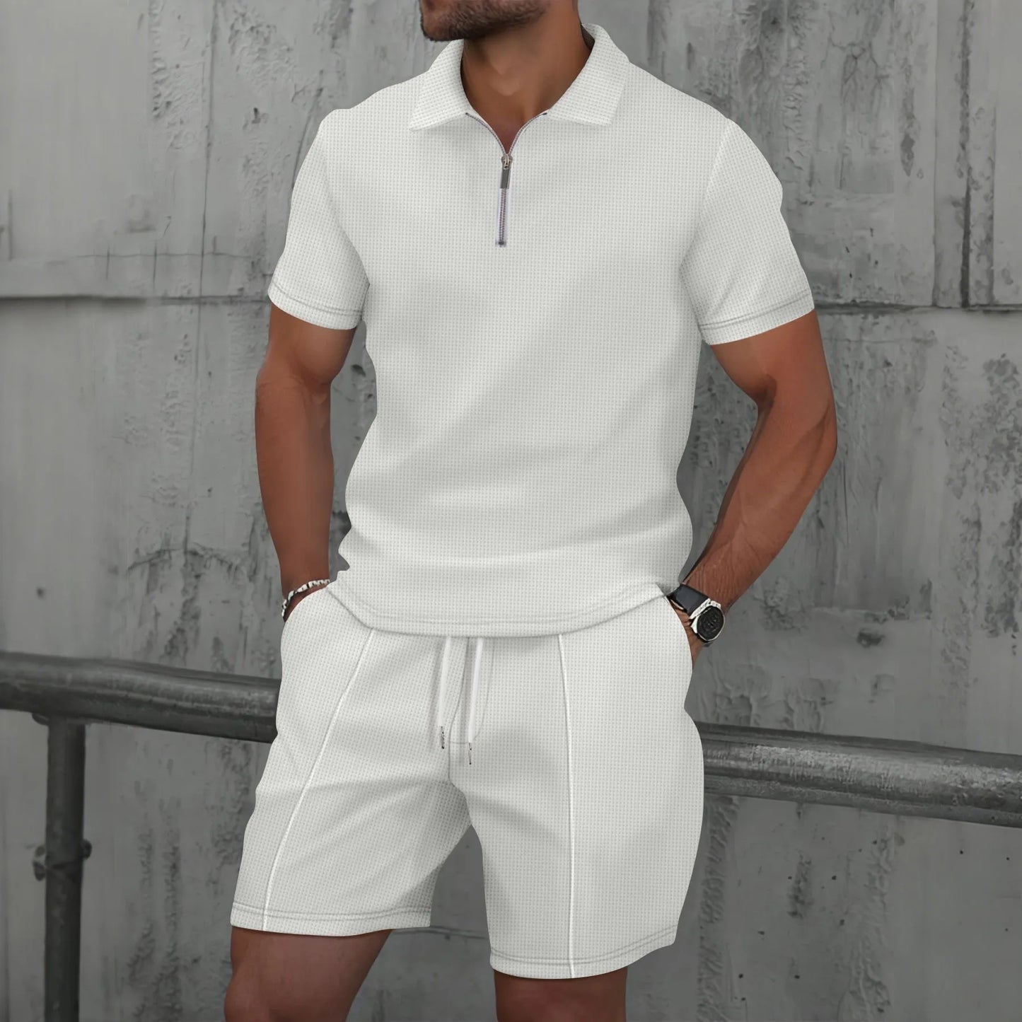 Men Europe new summer Waffle solid color zip-up lapel short-sleeve suit shorts two sets