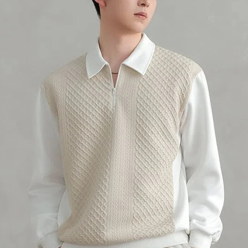 Men’s Trend Polo Shirt – Style Half-Zip Contrast Long Sleeve Top