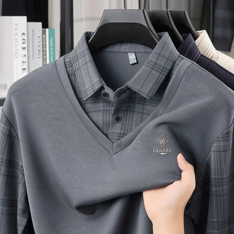 Lorant – Men’s Slim Fit Long Sleeve Polo Shirt with Layered Plaid Design