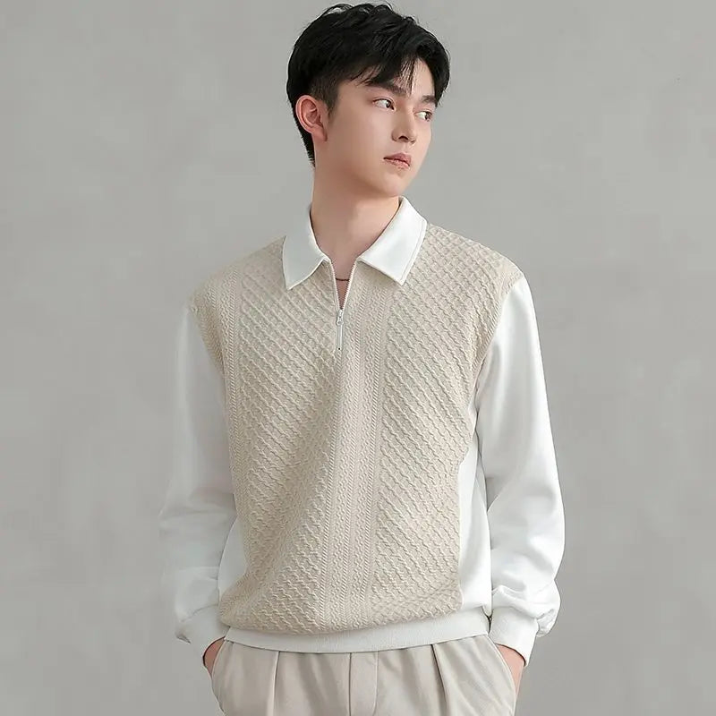 Men’s Trend Polo Shirt – Style Half-Zip Contrast Long Sleeve Top