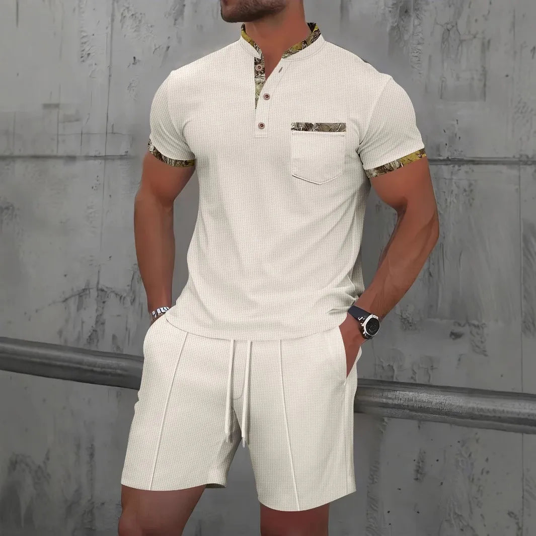 Men Europe new summer Waffle solid color zip-up lapel short-sleeve suit shorts two sets