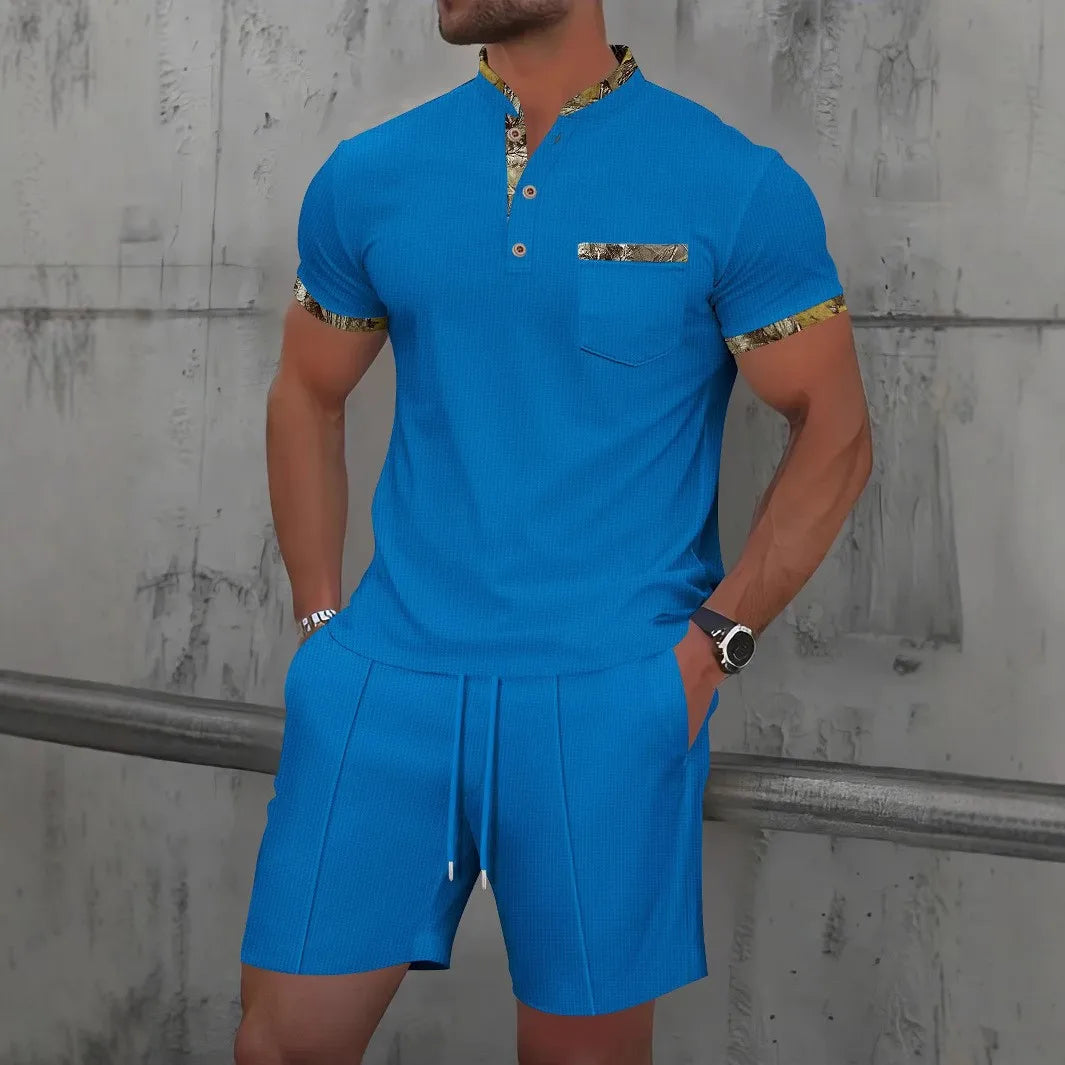 Men Europe new summer Waffle solid color zip-up lapel short-sleeve suit shorts two sets
