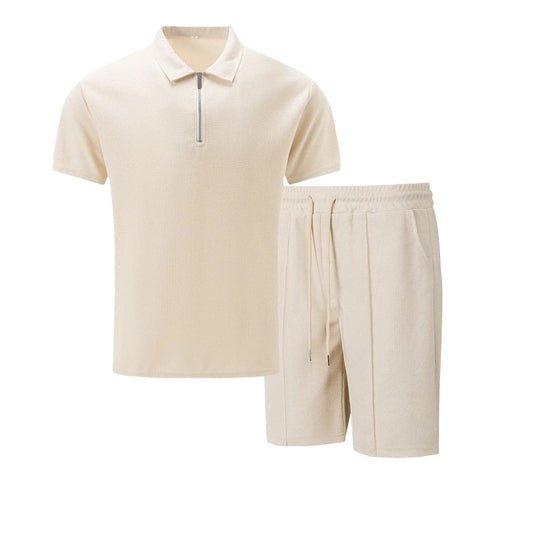 Men Europe new summer Waffle solid color zip-up lapel short-sleeve suit shorts two sets