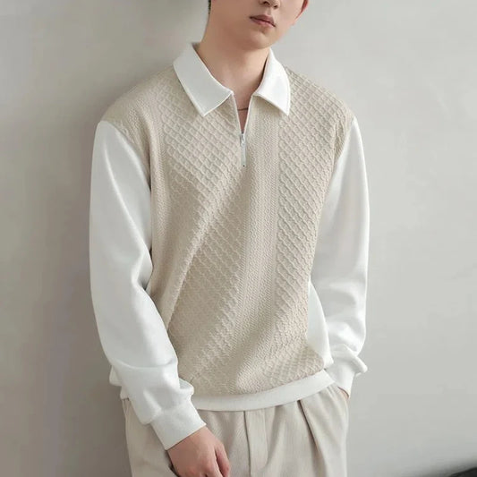 Men’s Trend Polo Shirt – Style Half-Zip Contrast Long Sleeve Top