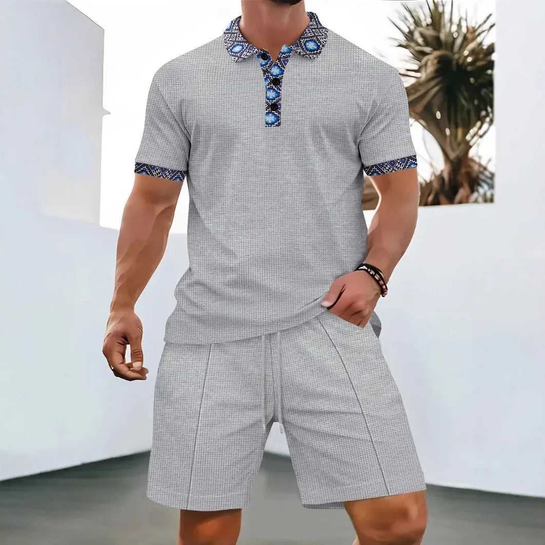 Men Europe new summer Waffle solid color zip-up lapel short-sleeve suit shorts two sets