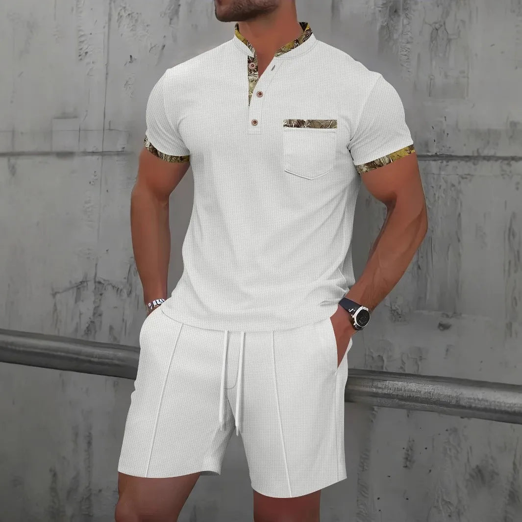Men Europe new summer Waffle solid color zip-up lapel short-sleeve suit shorts two sets