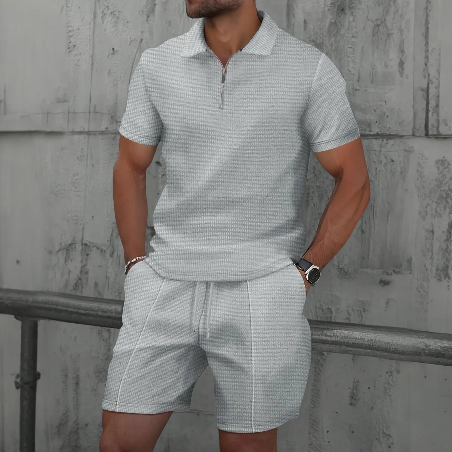 Men Europe new summer Waffle solid color zip-up lapel short-sleeve suit shorts two sets
