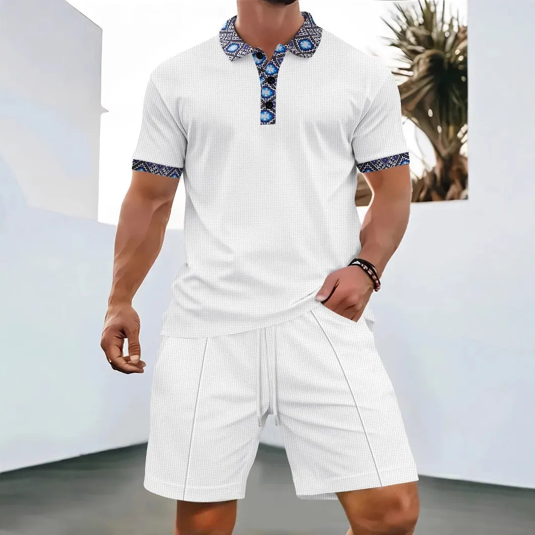 Men Europe new summer Waffle solid color zip-up lapel short-sleeve suit shorts two sets