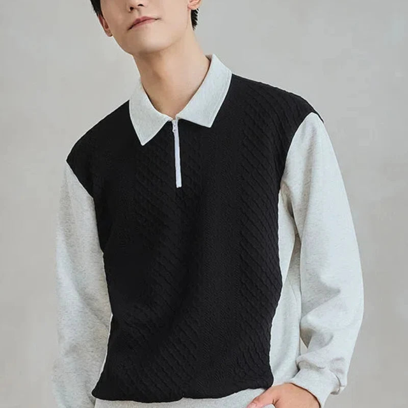 Men’s Trend Polo Shirt – Style Half-Zip Contrast Long Sleeve Top